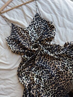 Ganni Dufont Leopard-Print Satin Slip Dress in Black & Tan